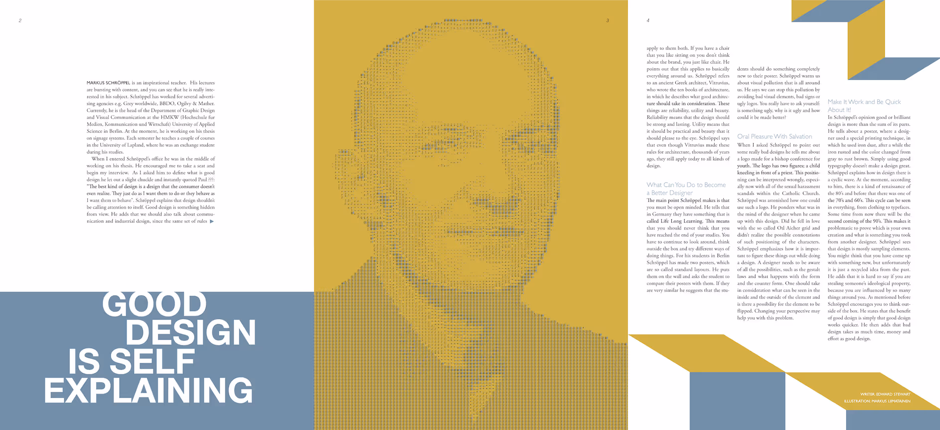 An image of a project in the graphic design portfolio: a spread of an article from a magazine.