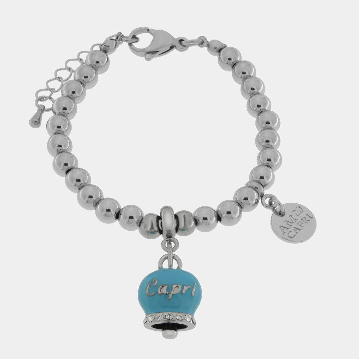 Bracciale in acciaio con campanella azzurra con scritta Capri