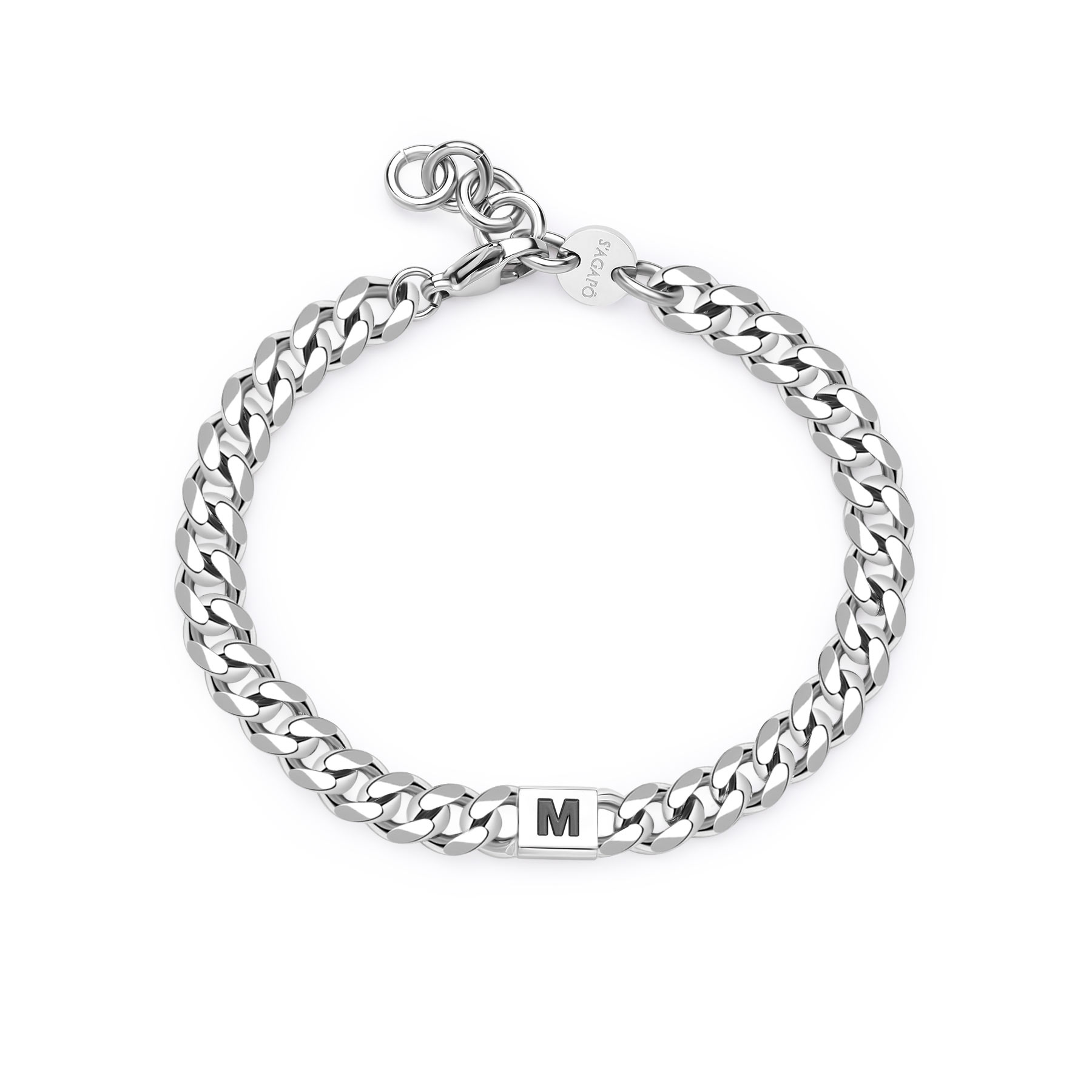 Bracciale in acciaio 316L con centrale con lettera M e smalto nero