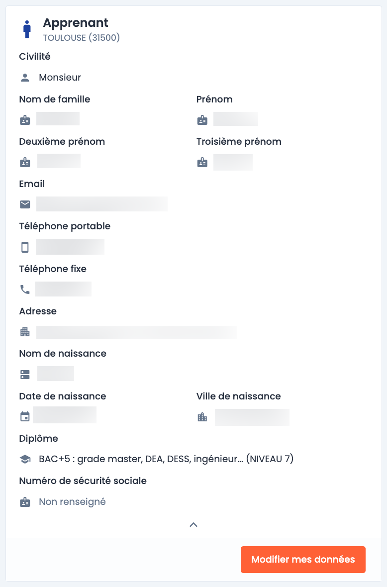 Données disponibles espace apprenant - Wedof
