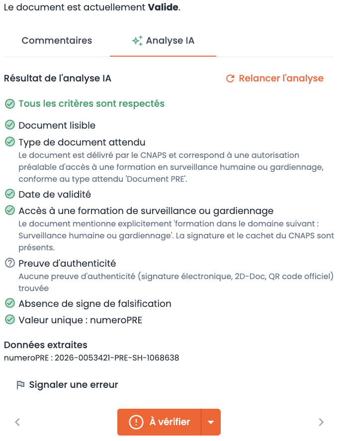 Vérification d’une pièce dans le dossier Wedof