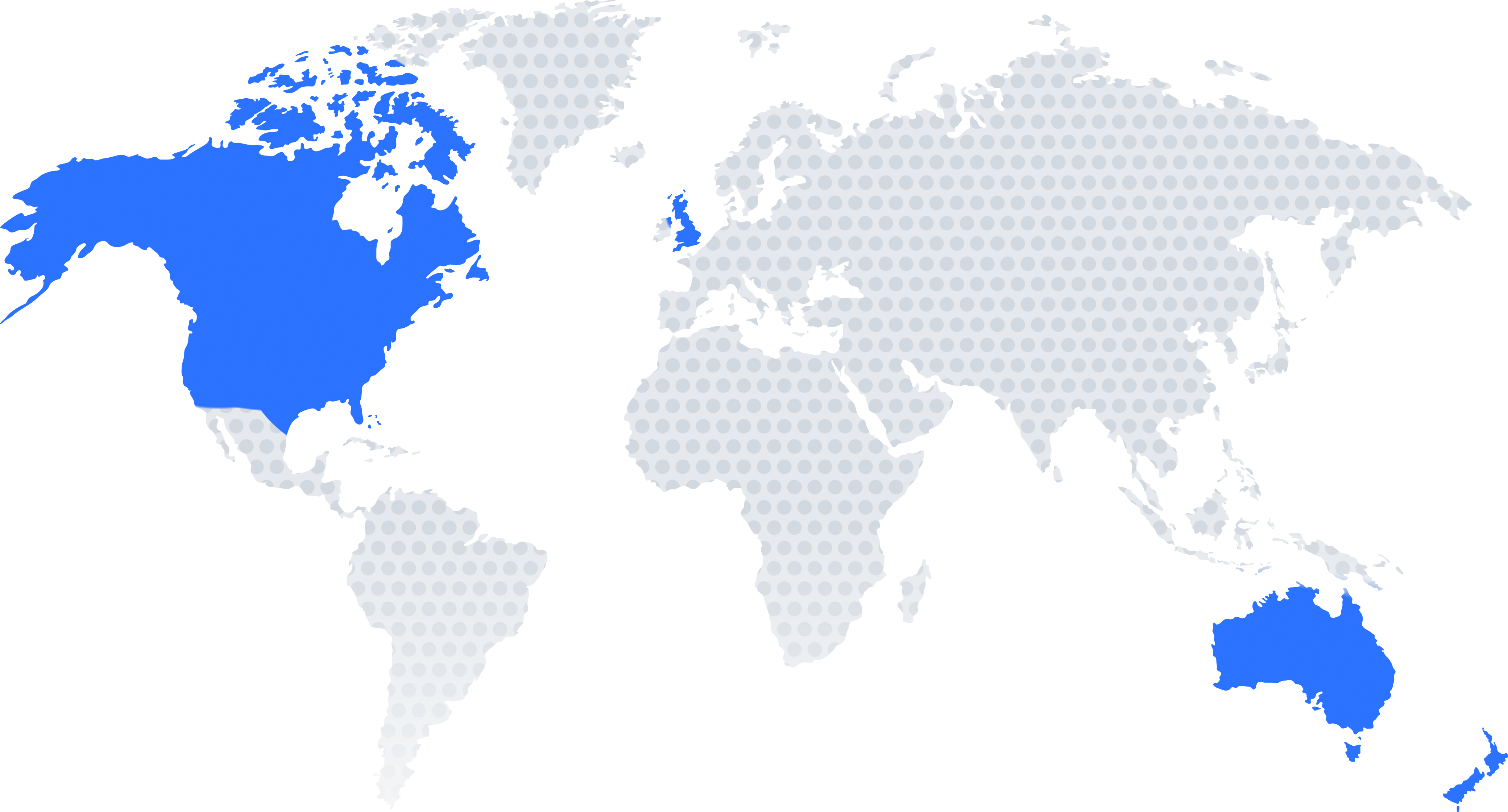World map with highlighted regions - A dotted world map with blue highlighted areas in North America and Australia, indicating global presence or data distribution. 