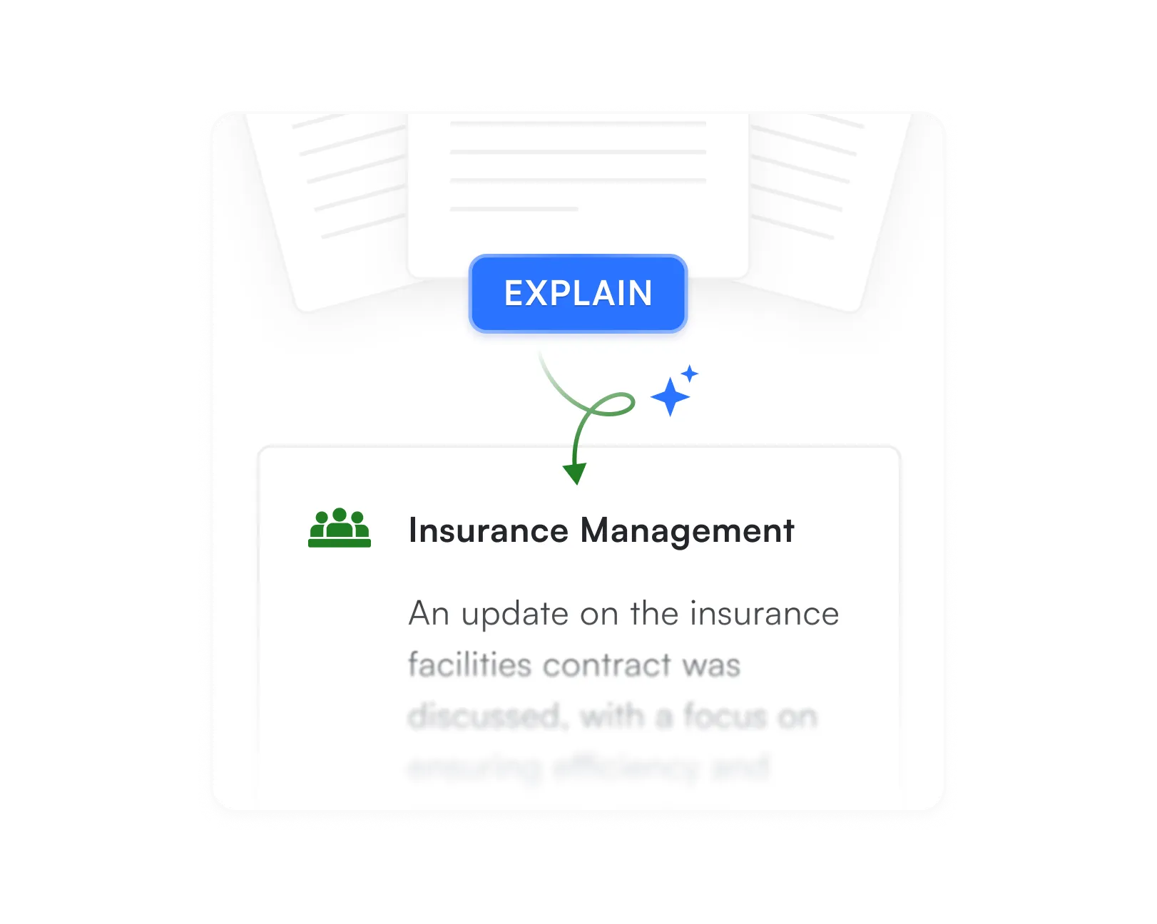 Insurance management interface card - A white card with a blue "Manage" button, featuring a green group icon and text related to insurance management, indicating a digital tool for insurance-related tasks.