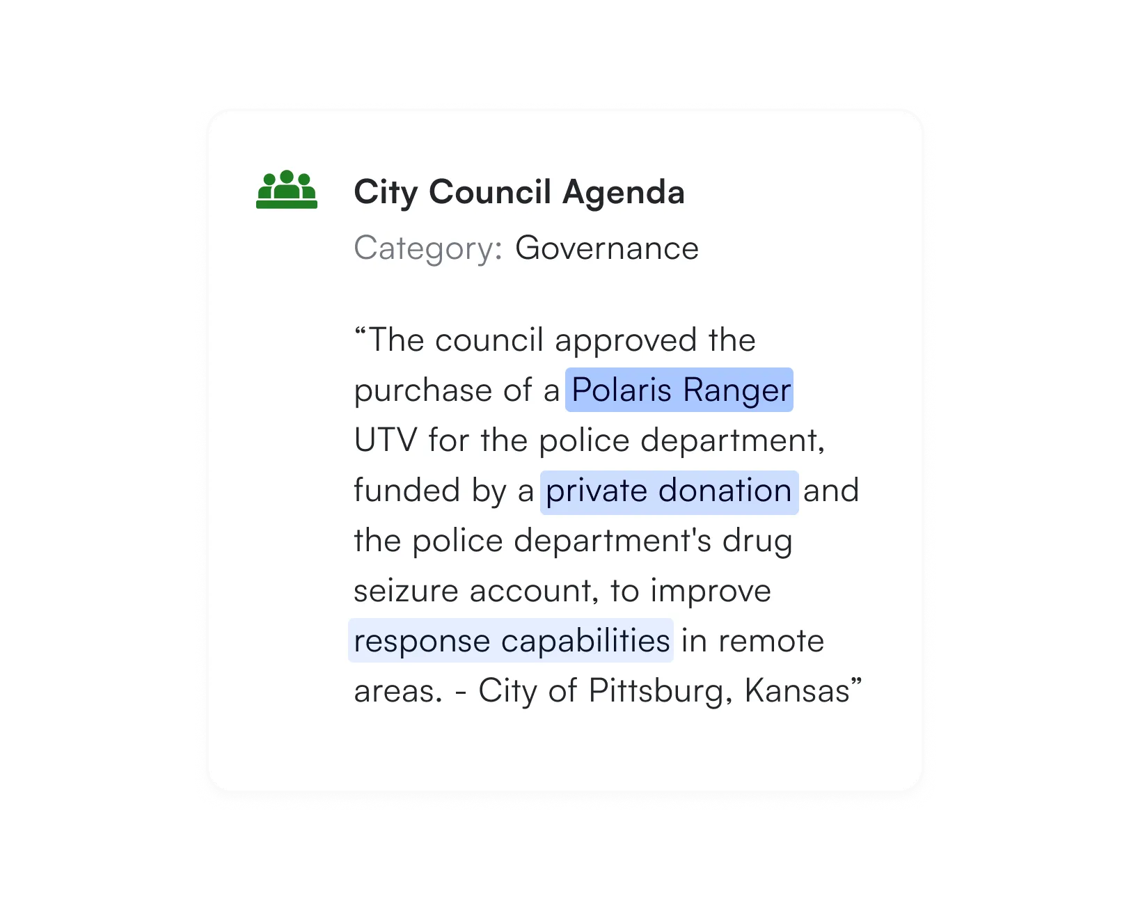 City Council Agenda detailed text - A zoomed-in view of the "City Council Agenda" card, providing detailed text about council approvals related to urban property and law enforcement plans. 