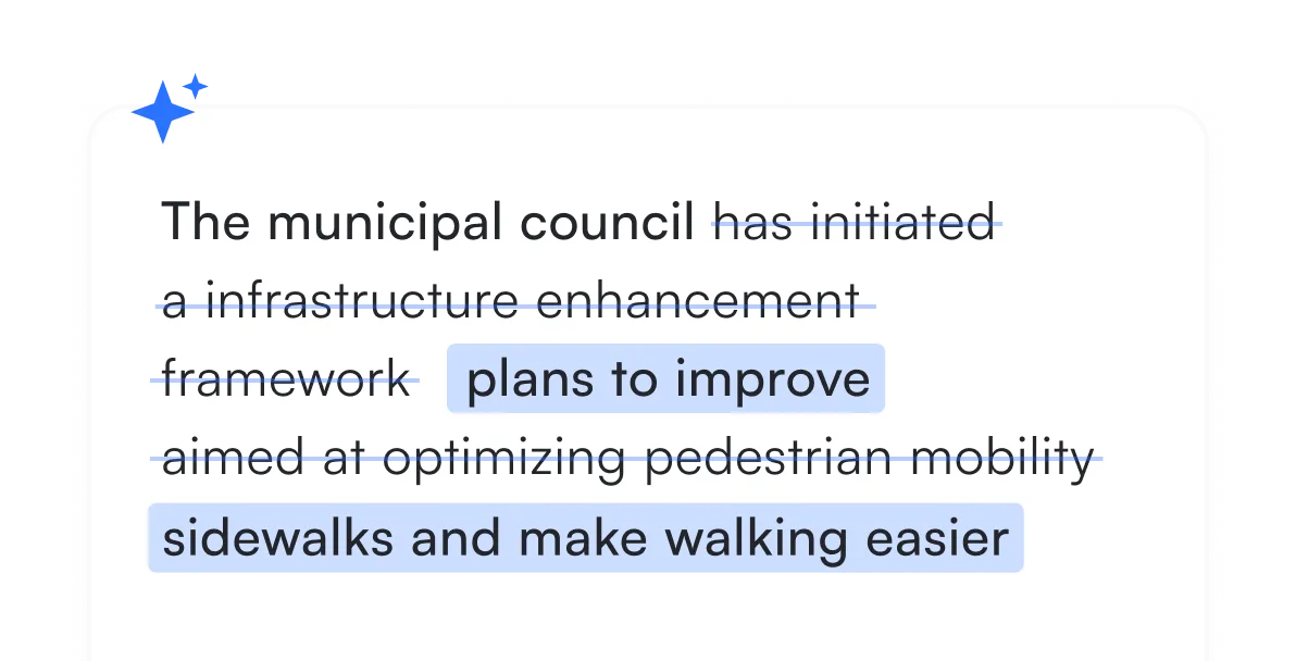 Municipal council notification - A text notification card explaining that the municipal council has initiated a comprehensive urban planning framework to improve problem-solving, mobility, sidewalks, and walking conditions. 