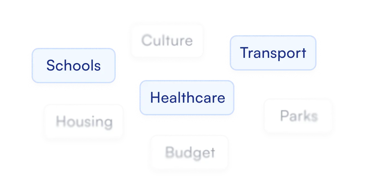 Category selection with buttons - Several selectable buttons arranged in a grid on a dark background, labeled "Schools," "Healthcare," and "Transport," possibly representing categories or topics for selection.