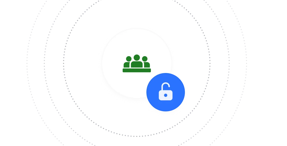 Group icon with video camera badge - A white circular icon containing a green group/people symbol with a blue circular badge showing a video camera icon in the lower right, representing video meeting or recording functionality. 