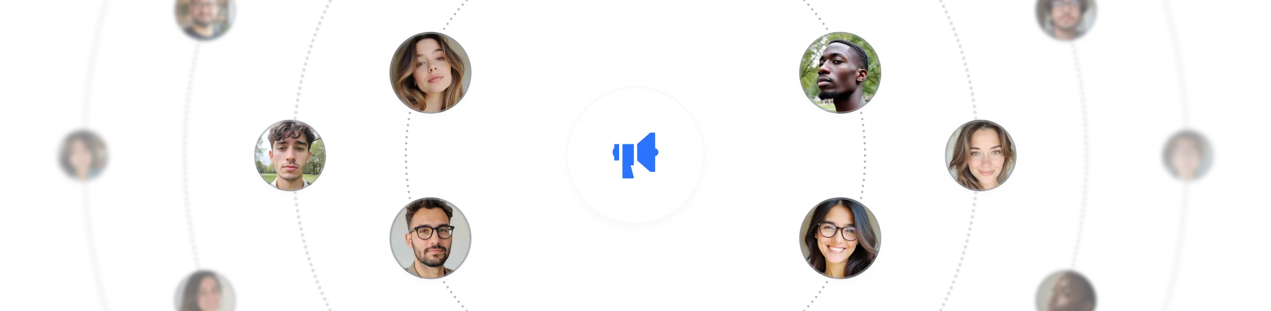 Meeting participants arranged around a central icon - Multiple circular profile photos of people arranged in a scattered pattern around a central white circle containing a camera or recording icon, representing meeting participants. 