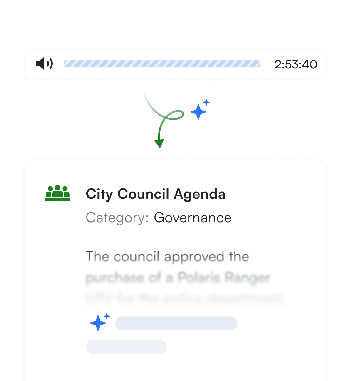 Audio playback interface with City Council Agenda - Two stacked white cards: the top shows an audio playback bar with timestamps, and the bottom displays "City Council Agenda" with text stating "The council suspended the meeting" and a progress indicator. 