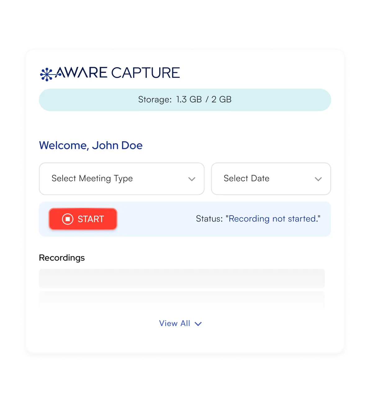 Aware Capture meeting interface - A white interface card titled "AWARE CAPTURE" showing a meeting scheduled for "Wednesday, Jan 10 at 10am" with a red recording indicator bar, participant count "Select 2024," and additional meeting details including "Recordings" and "Transcripts" options.