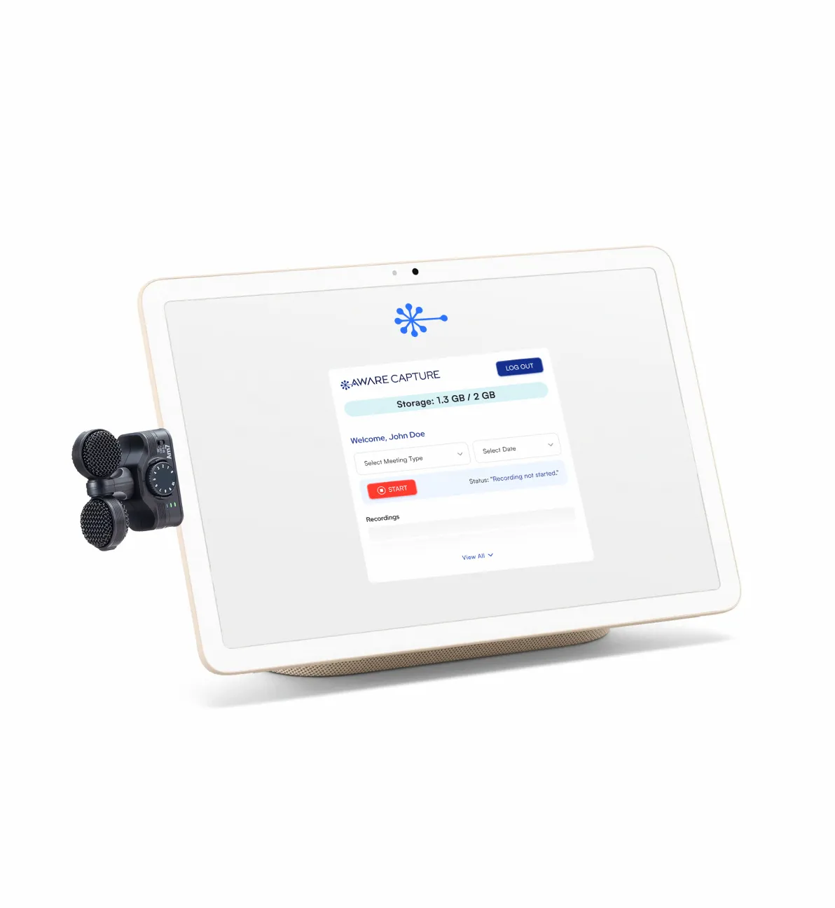 Tablet with login interface and camera on white background - A white tablet on a stand shows a login screen with form fields and buttons, with a camera accessory mounted on the left side, photographed against a clean white background. 