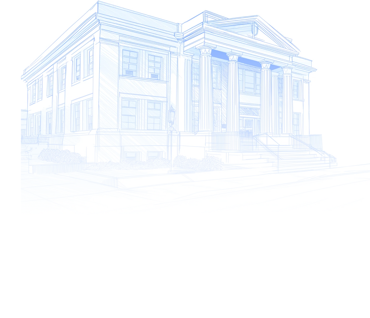 Wireframe sketch of a building - A light blue wireframe or architectural sketch of a multi-story building on a white background, showing the building's structure and layout.