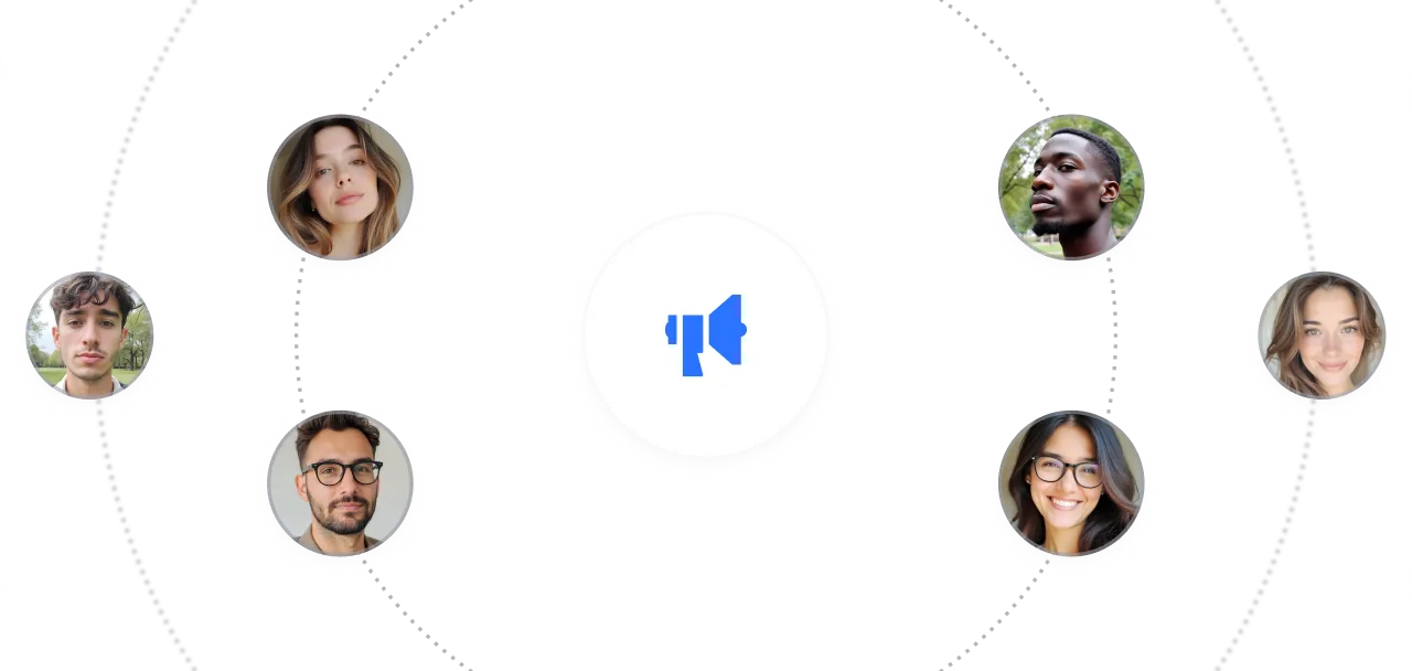 Meeting participants and broadcast icon - A circular arrangement of six profile pictures of people connected by faint lines, with a central white circle containing a blue megaphone icon, symbolizing a broadcast or announcement. 