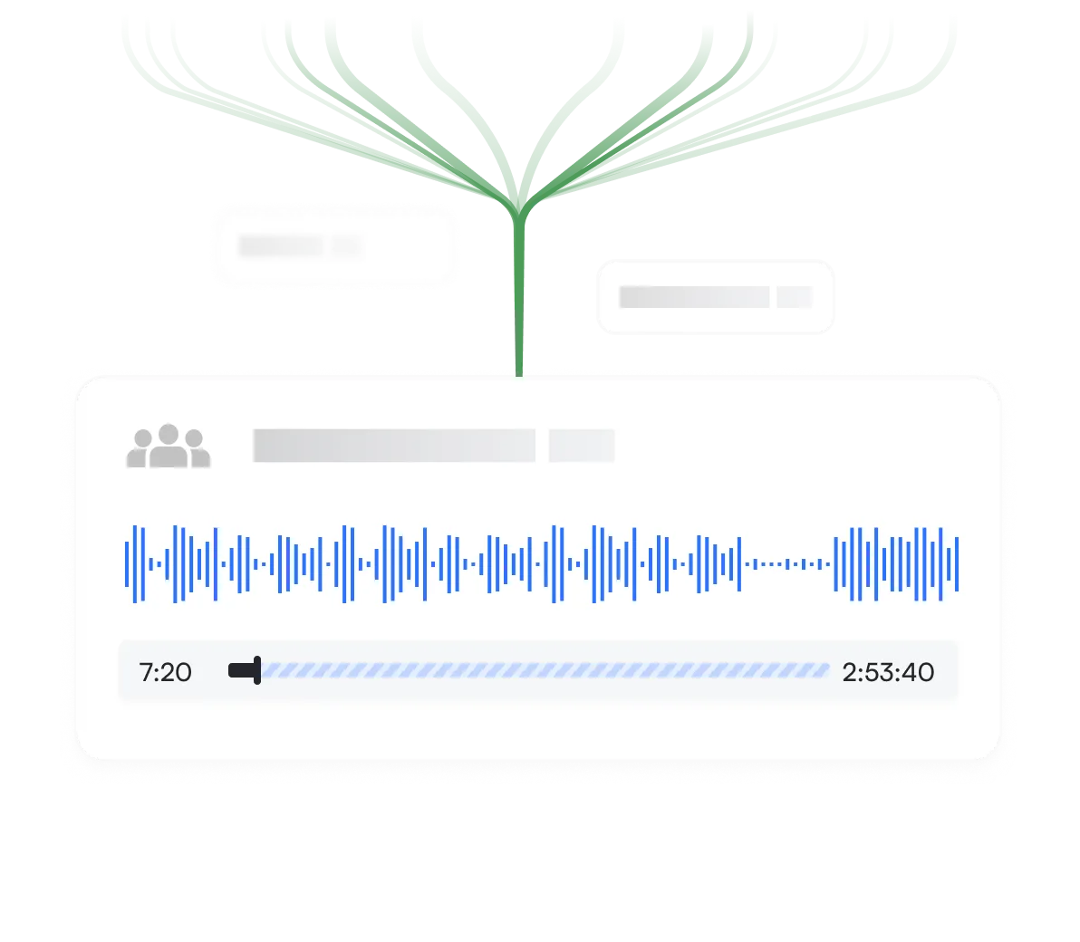 Audio waveform with branching paths - A white card displaying a blue audio waveform with playback controls, connected to two gray rectangular elements above by green lines, illustrating audio processing or branching workflows. 