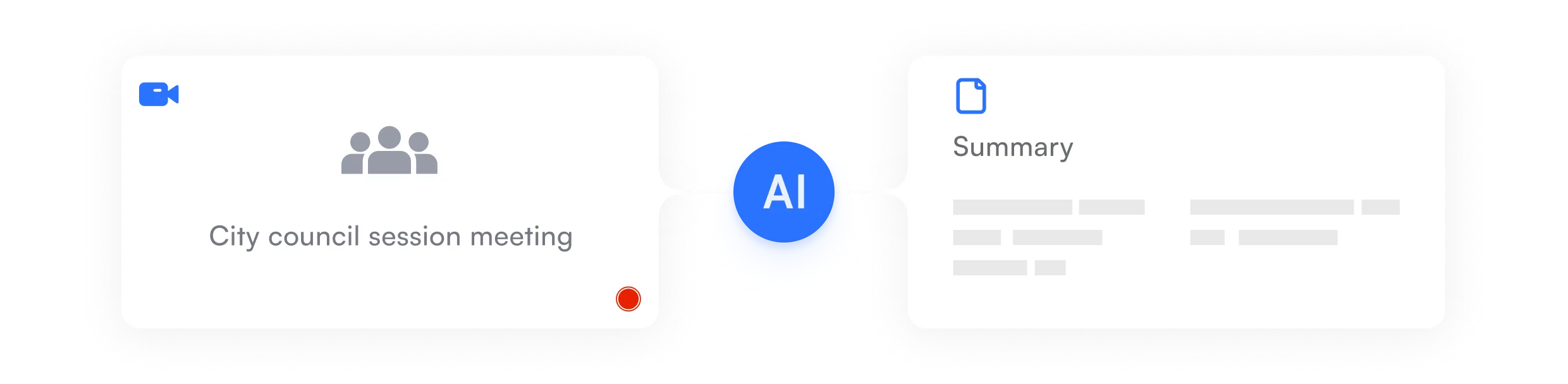 Two connected interface cards - Two white cards side by side: the left card shows a group icon with meeting details, and the right card displays a list or form, connected by a blue circular element with a plus sign, indicating data flow or integration.