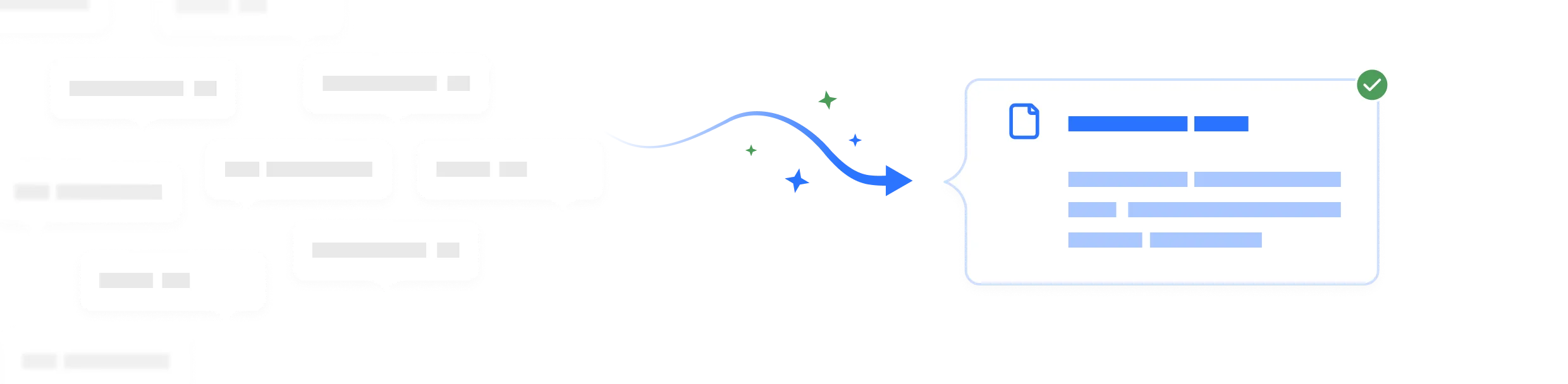 Conversation flow to data card - Multiple white conversation bubbles on the left connected by a line to a data card or form on the right, illustrating information extraction or analysis. 