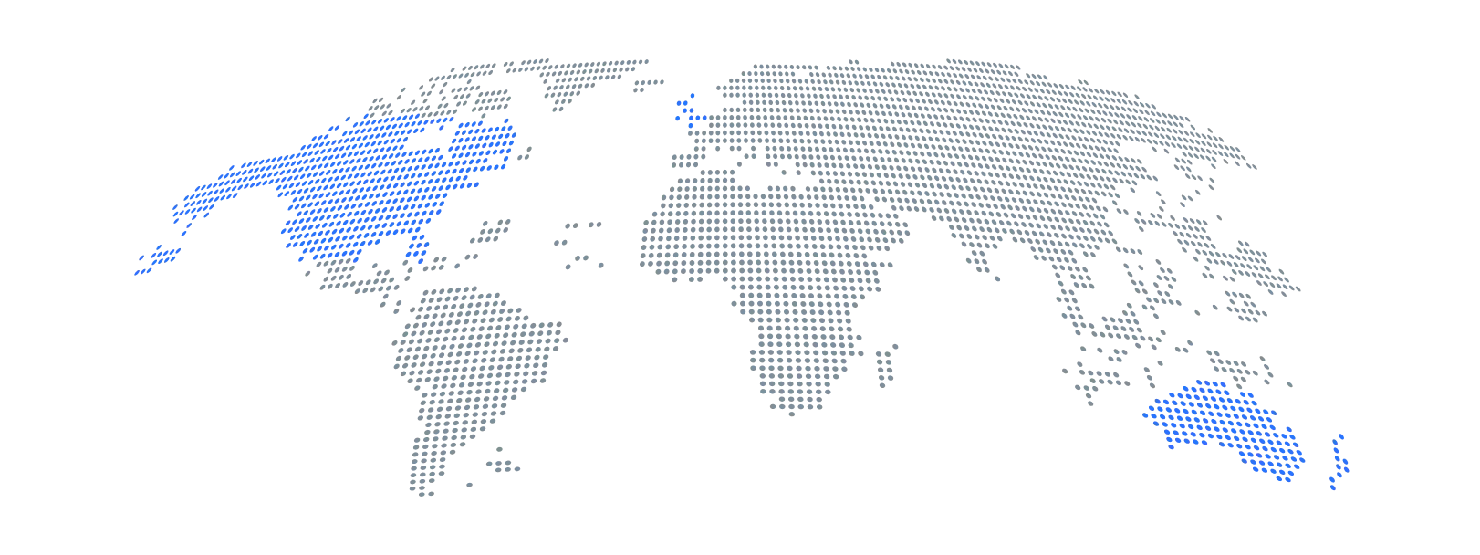 World map with highlighted regions - A dotted world map on a dark background with blue highlighted areas in North America, Europe, and Asia-Pacific regions, representing global network coverage or data distribution. 