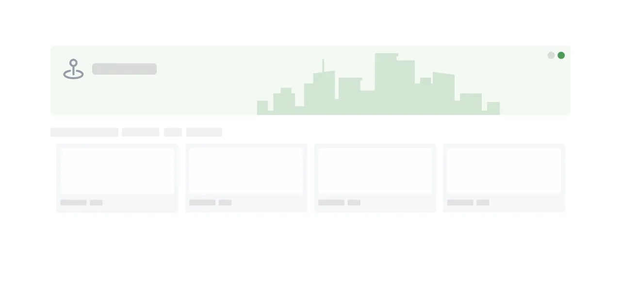 Dashboard with city skyline visualization - A light-colored dashboard interface displaying a stylized city skyline silhouette in gray, with navigation elements and data sections below. 