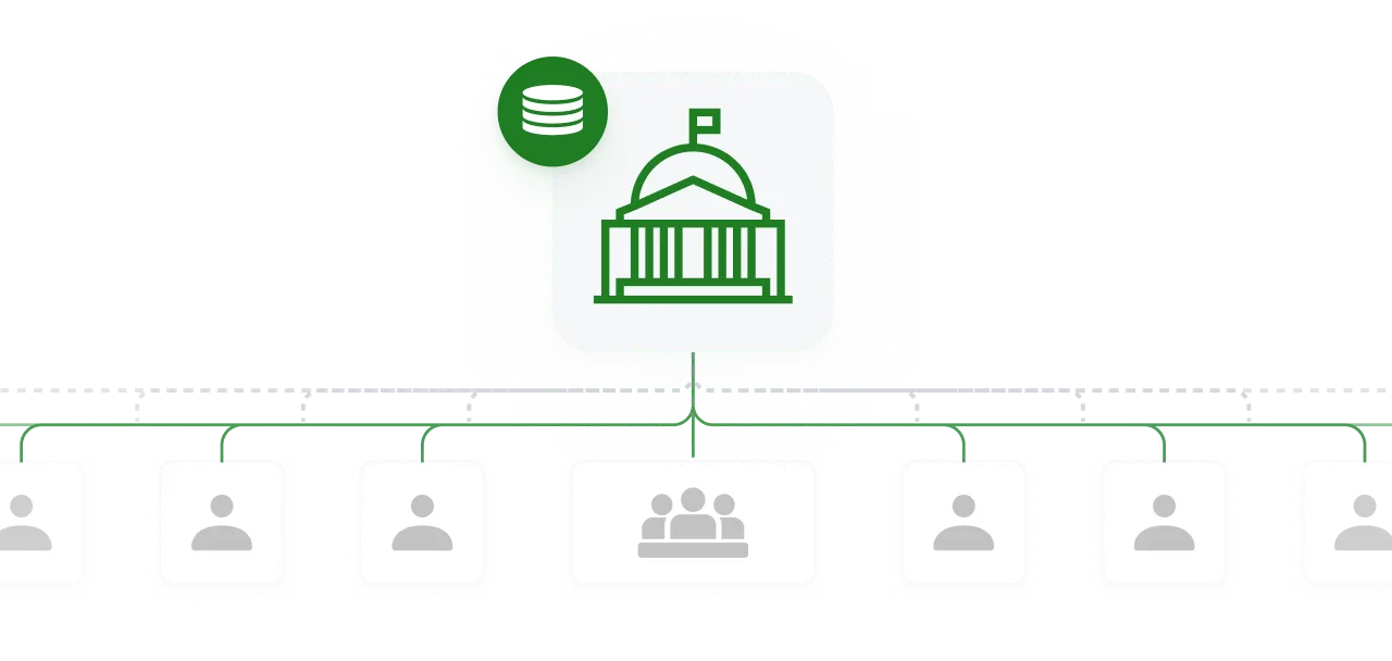 Government building icon with timeline - An icon of a government building with a green camera icon above a timeline. Below are various icons representing different sessions or activities. 