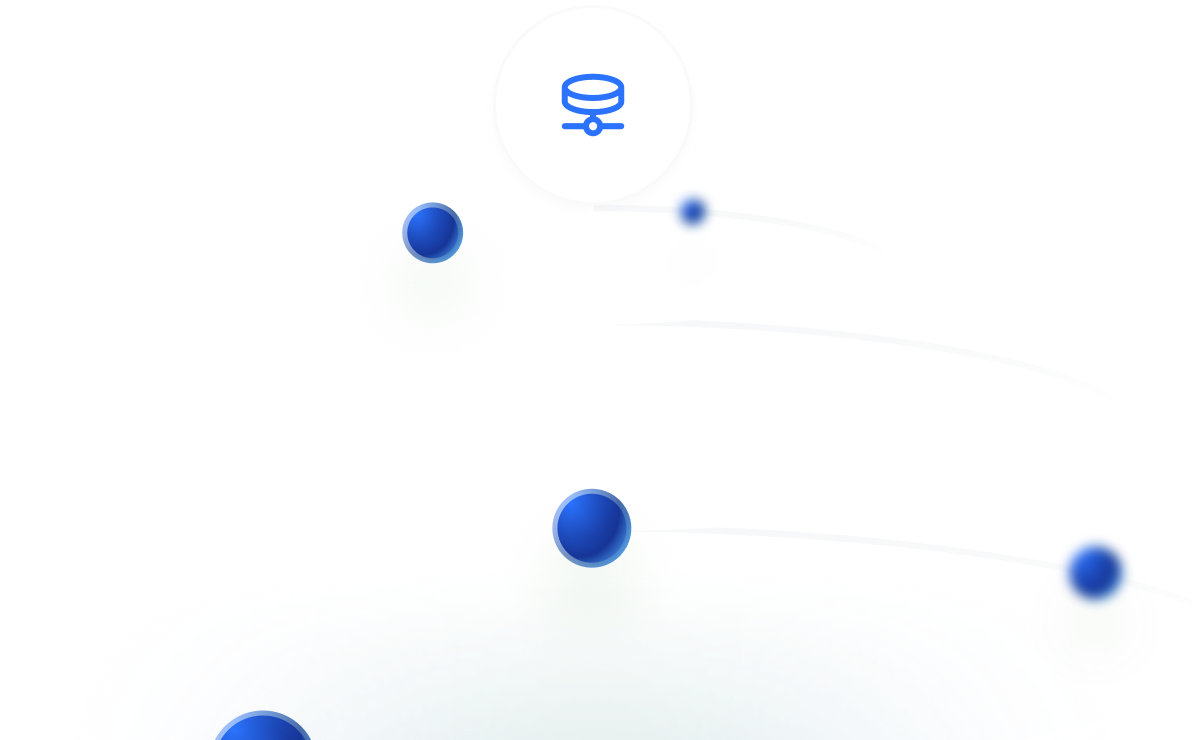 Orbital diagram with connected nodes - A visualization showing concentric orbital rings with blue dots connected by lines, centered around a white circle with a document icon, representing data flow or network connections. 