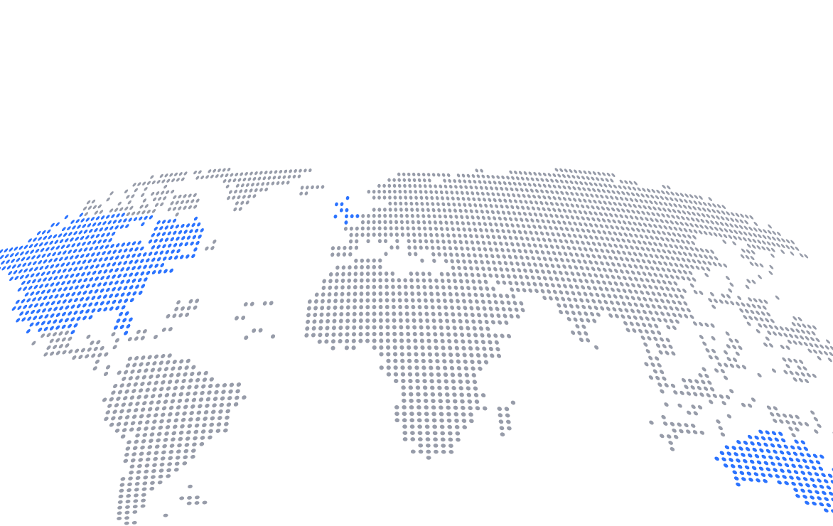 World map with highlighted regions - A dotted world map on a dark background with blue highlighted areas in North America, Europe, and Asia, indicating global network coverage or data points. 