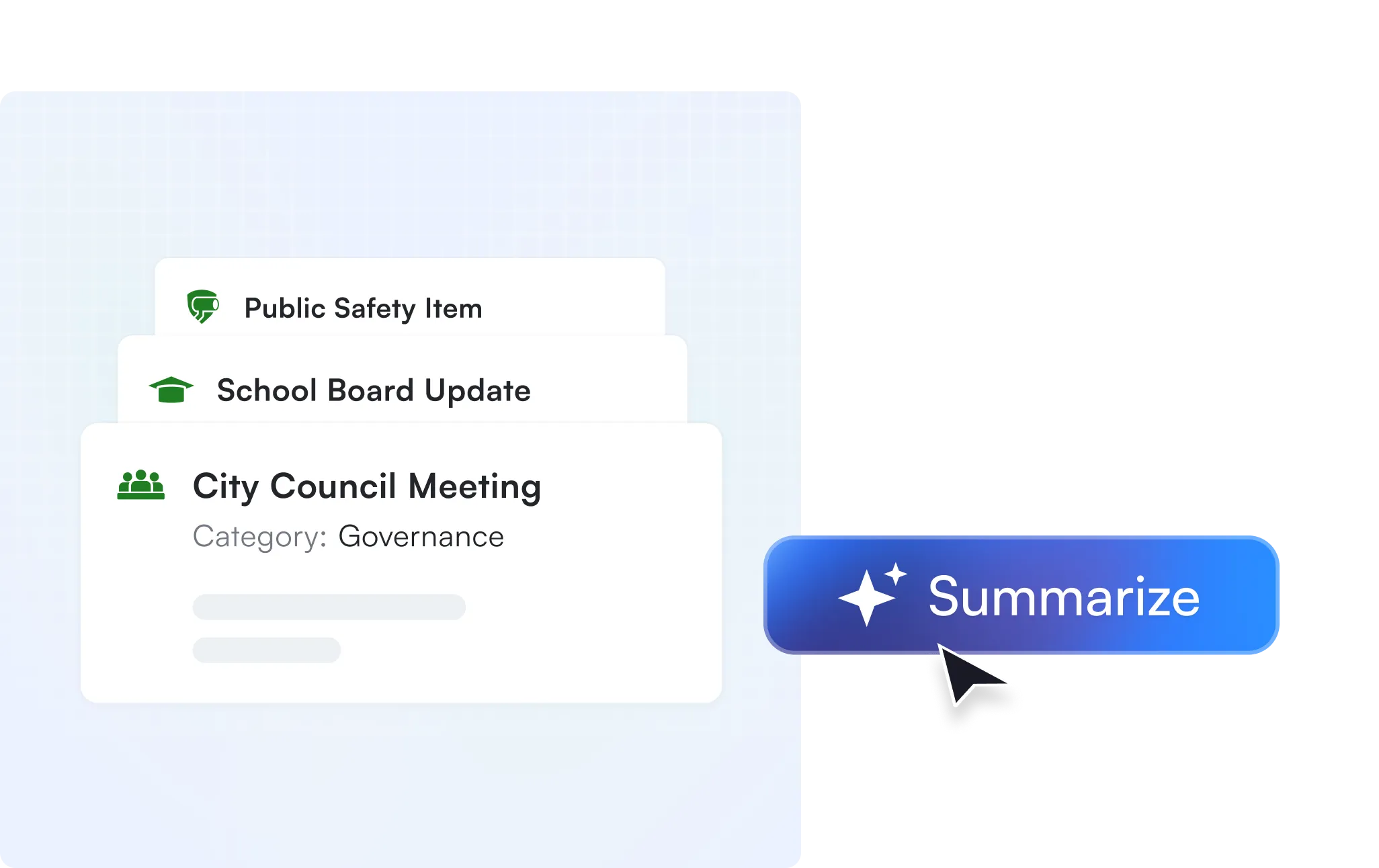 Meeting summary interface with "Summarize" button - A digital interface showing three items: "Parks Open Mic," "School Board Update," and "City Council Meeting," with a blue "Summarize" button featuring a sparkle icon at the bottom right.