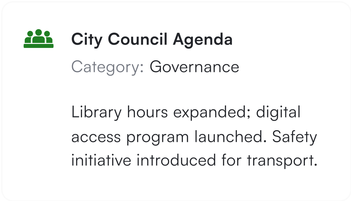 City Council Agenda card - A digital card titled "City Council Agenda" categorized under "Governance," with text describing library hours expansion, digital access programs, and transportation initiatives.