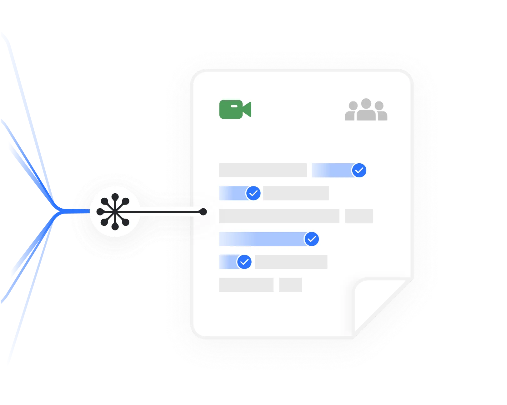 Data flow chart with checklist - A diagram showing data flowing into a card with a checklist and video icon, connected by lines to a central point, illustrating data processing. 