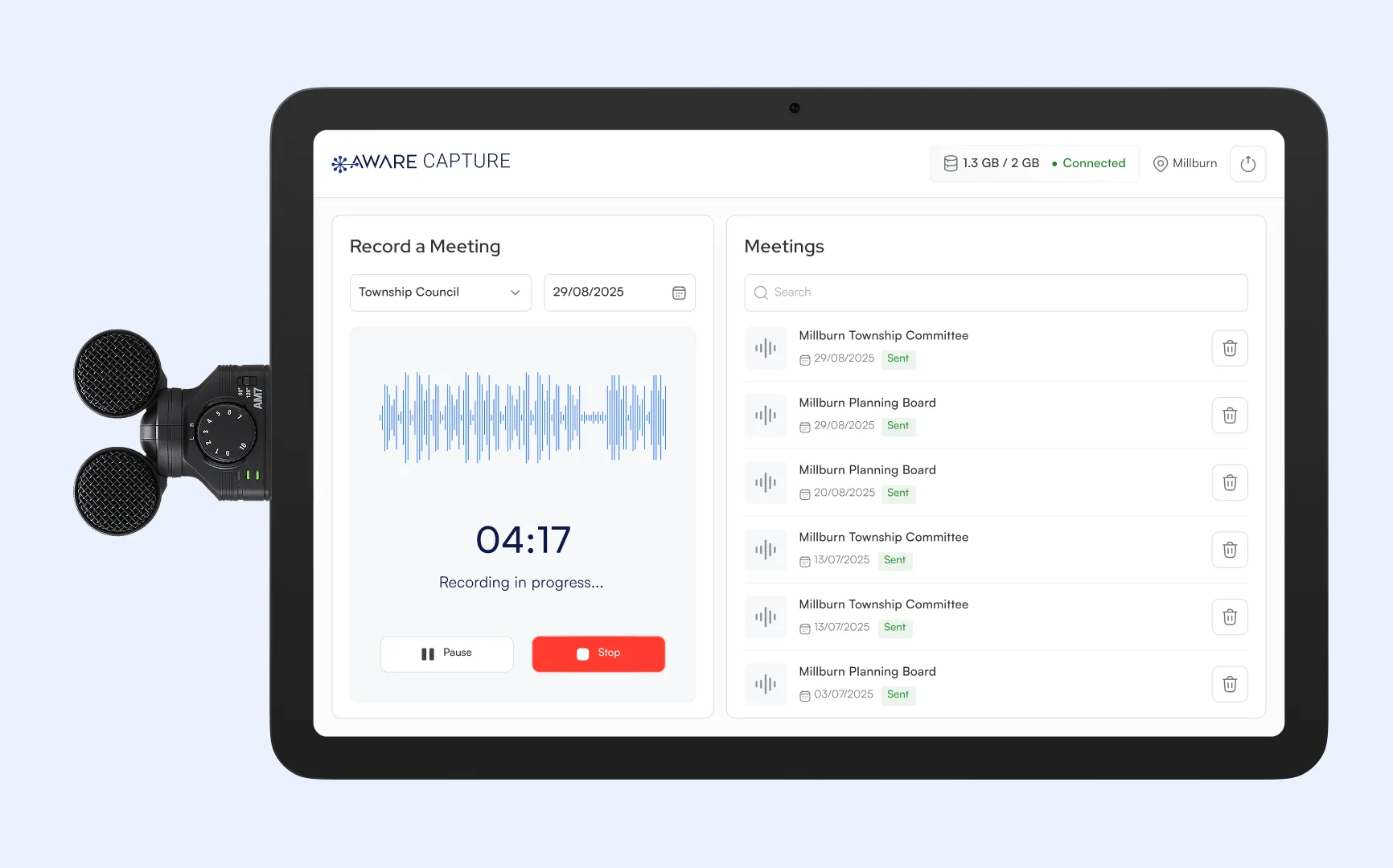 Tablet with audio recording interface - A tablet attached to a stand displays an audio recording interface with a waveform, a timer showing "04:37", a record button, and a list of meeting participants.