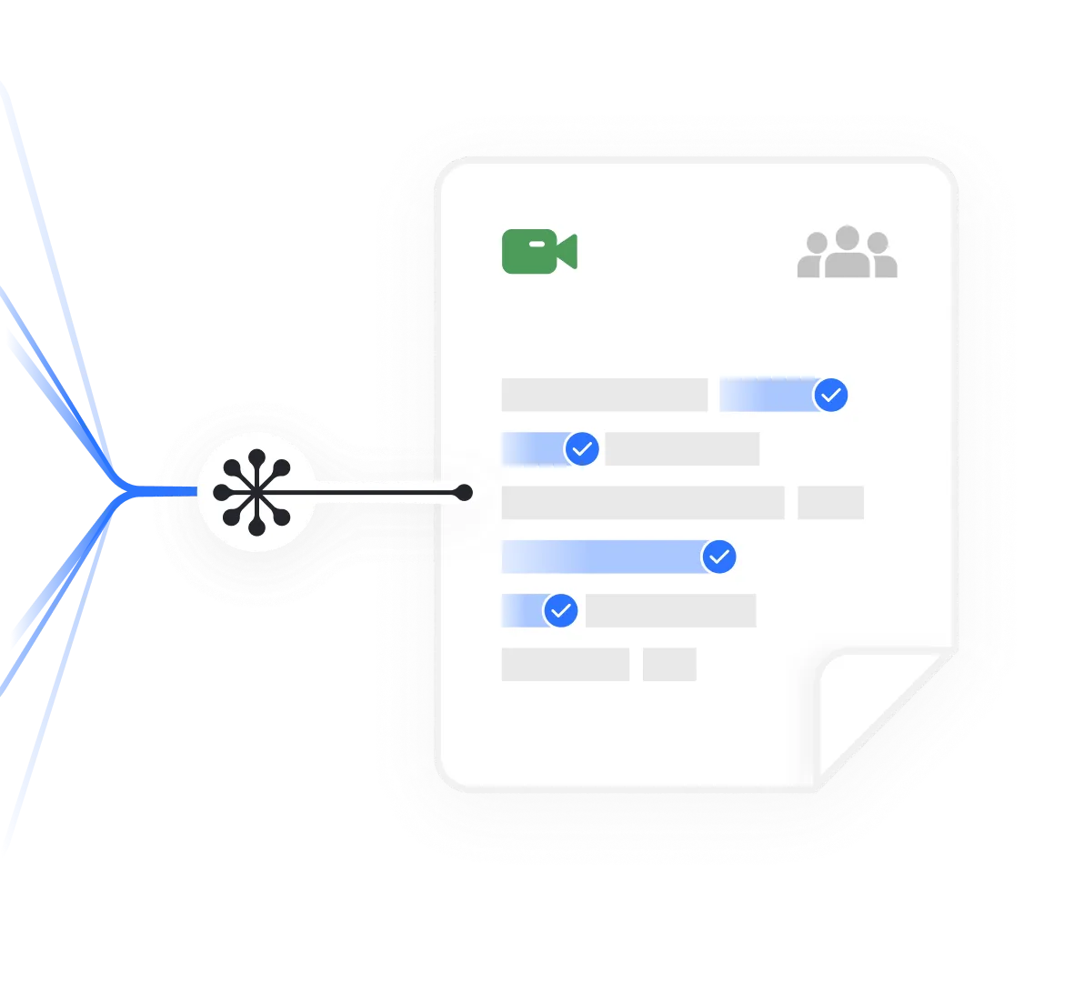 Data flow interface with charts - A diagram shows data flowing into a card displaying a checklist and a video icon, with lines connecting it to a central point, symbolizing data integration or processing.