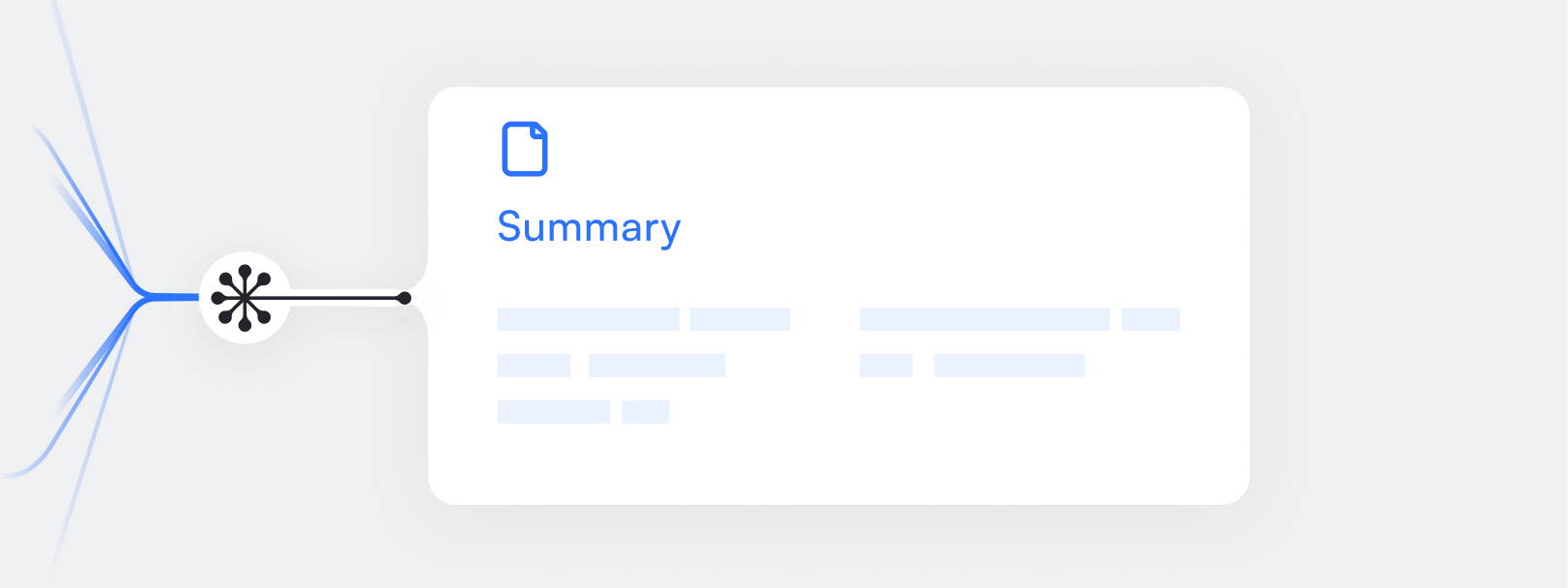 "Summary" card with data visualization - A card labeled "Summary" with a document icon, connected by a line to a stylized diagram. The card contains text such as "Historical data" and "This representation is approximate."