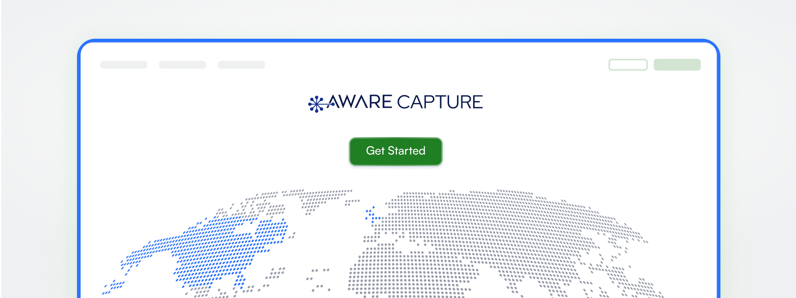 "Quantum Capture" landing page - A website with the title "QUANTUM CAPTURE!" and a green "Get Started" button, set against a background of a stylized world map with glowing continents. 