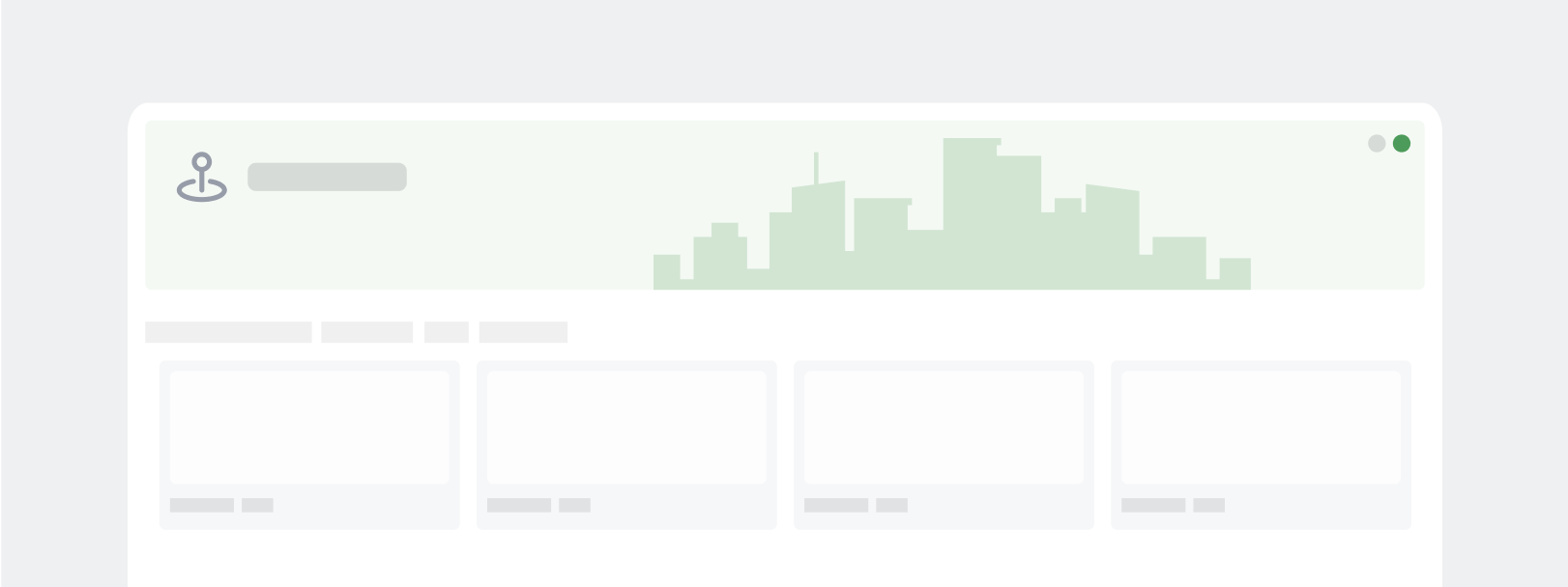Dashboard with charts and graphs - A dashboard interface displaying a skyline silhouette at the top, followed by several sections with labels and placeholder content, likely representing data visualizations or statistics.