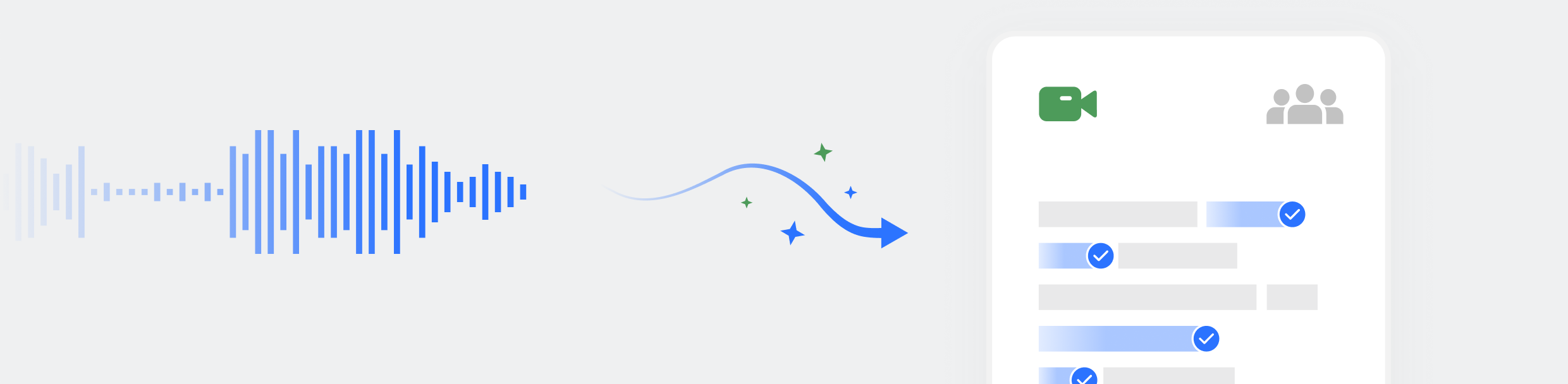 Audio visualization and recording interface - A waveform representing audio is shown with a curved line and some dots, followed by icons for a video camera and a microphone, and text elements. 