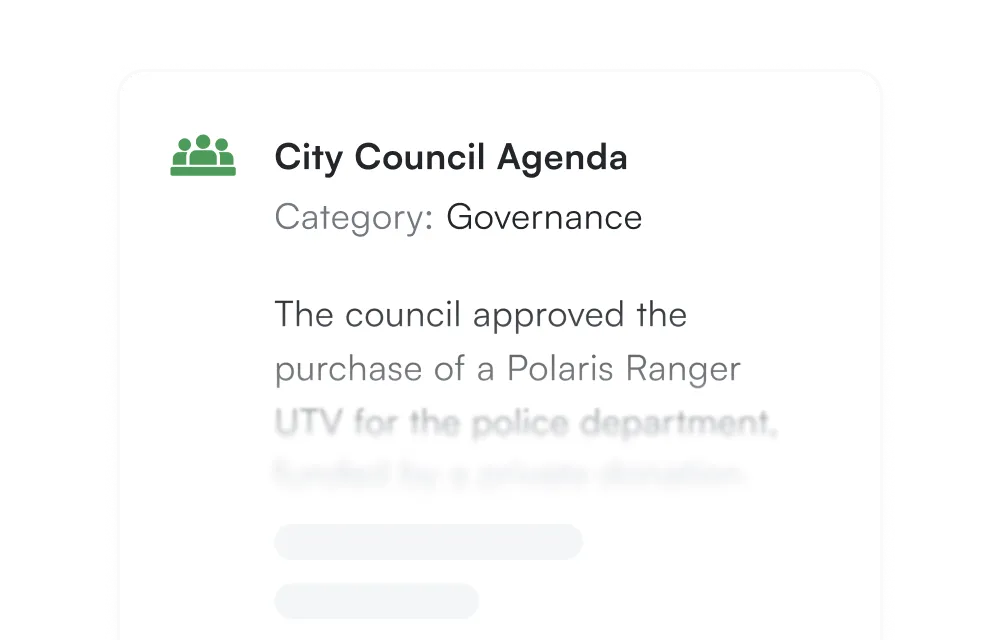 Notification card with green building icon displaying 'City Council Agenda' under Governance category, containing text about council approval for the purchase of a Dodge Ranger truck