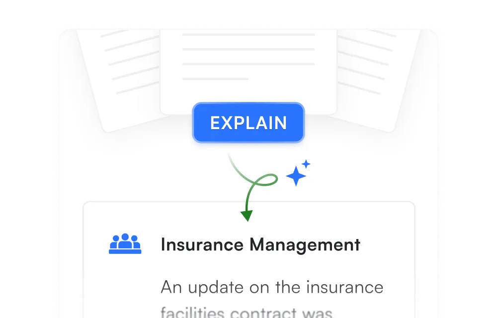 Notification card with blue 'EXPLAIN' button at top, showing 'Insurance Management' heading with blue building icon, and subtitle text 'An update on the insurance