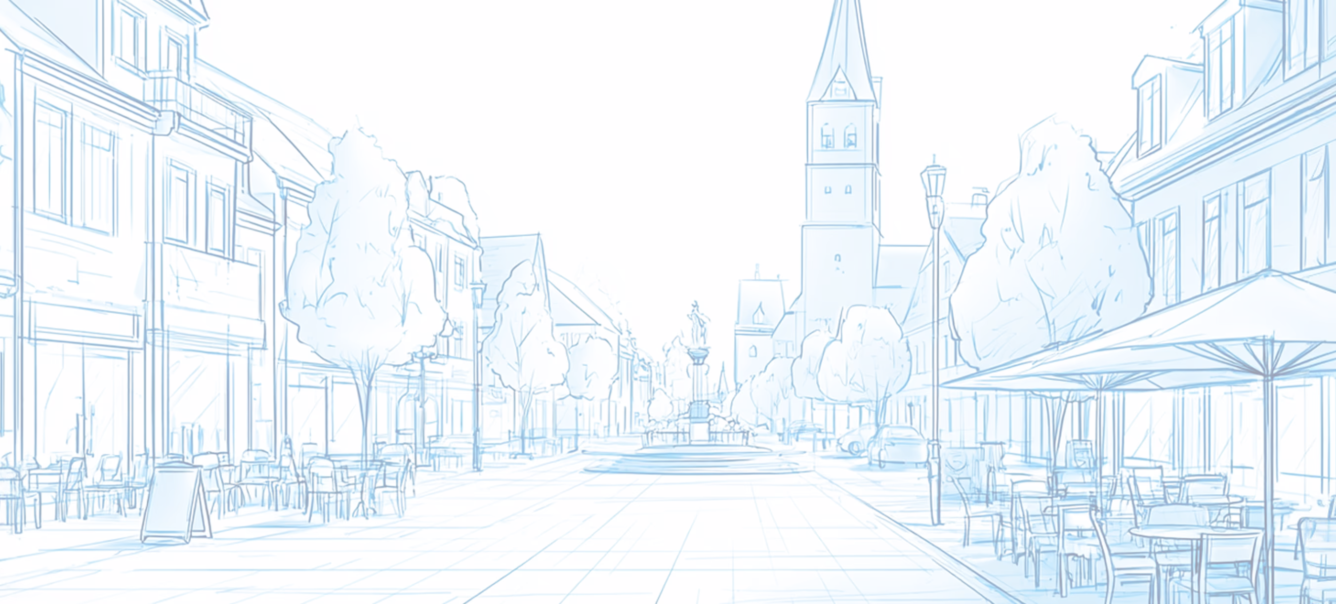 Sketch or blueprint-style illustration of a European-style town street with historic buildings lining both sides and a church tower or bell tower visible in the distance at the center