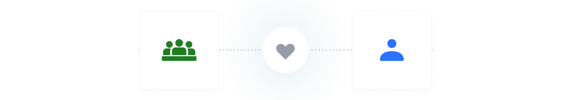 Three icon buttons displayed horizontally on a dark background: green building/community icon on left, gray heart icon in center, and blue user profile icon on right
