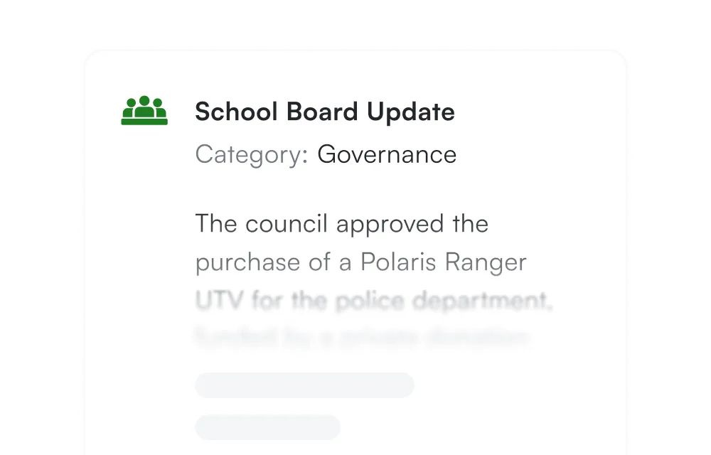 Notification card with green building icon showing 'School Board Update' under Government category, containing text about council approval for purchasing a Dodge Ranger truck