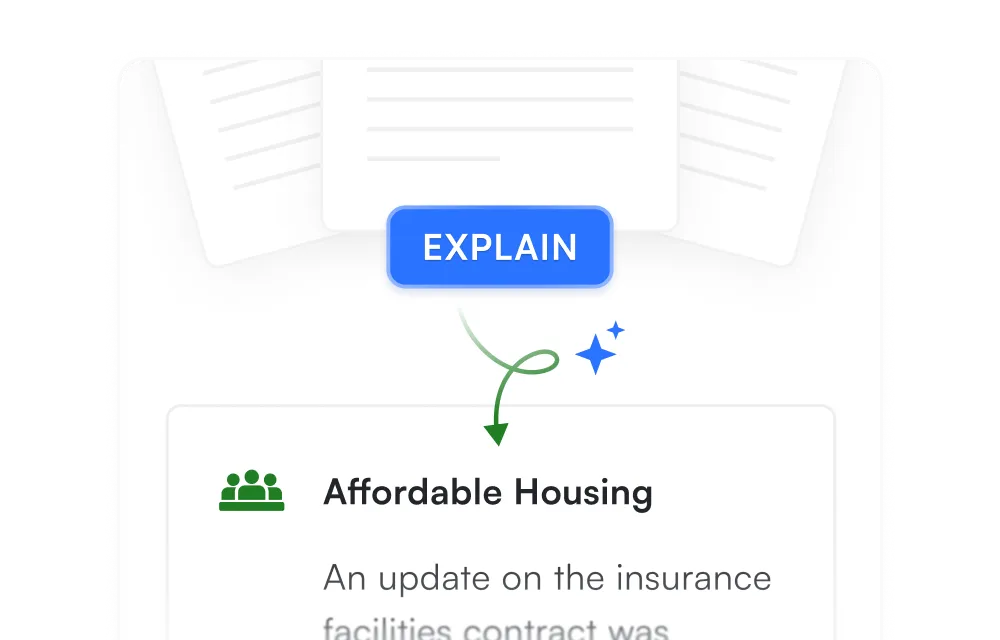 Notification card with blue 'EXPLAIN' button at top, showing 'Affordable Housing' heading with green building icon and subtitle text 'An update on the insurance