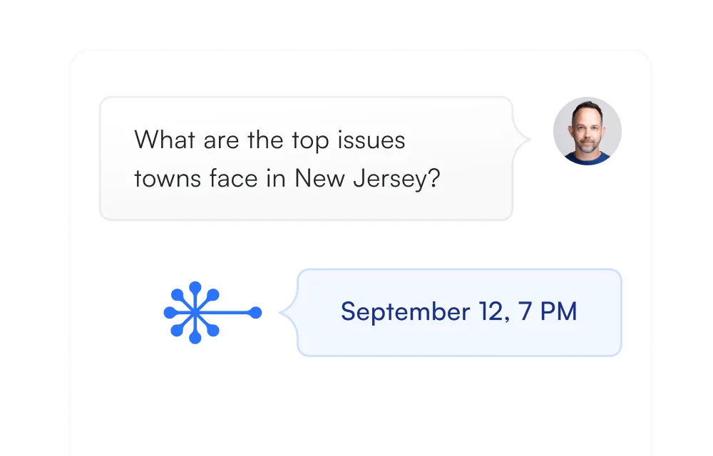 Chat interface displaying question 'What are the five warmest towns right here in New Jersey?' with a blue snowflake icon and timestamp 'September 12, 7 PM' alongside a small profile photo