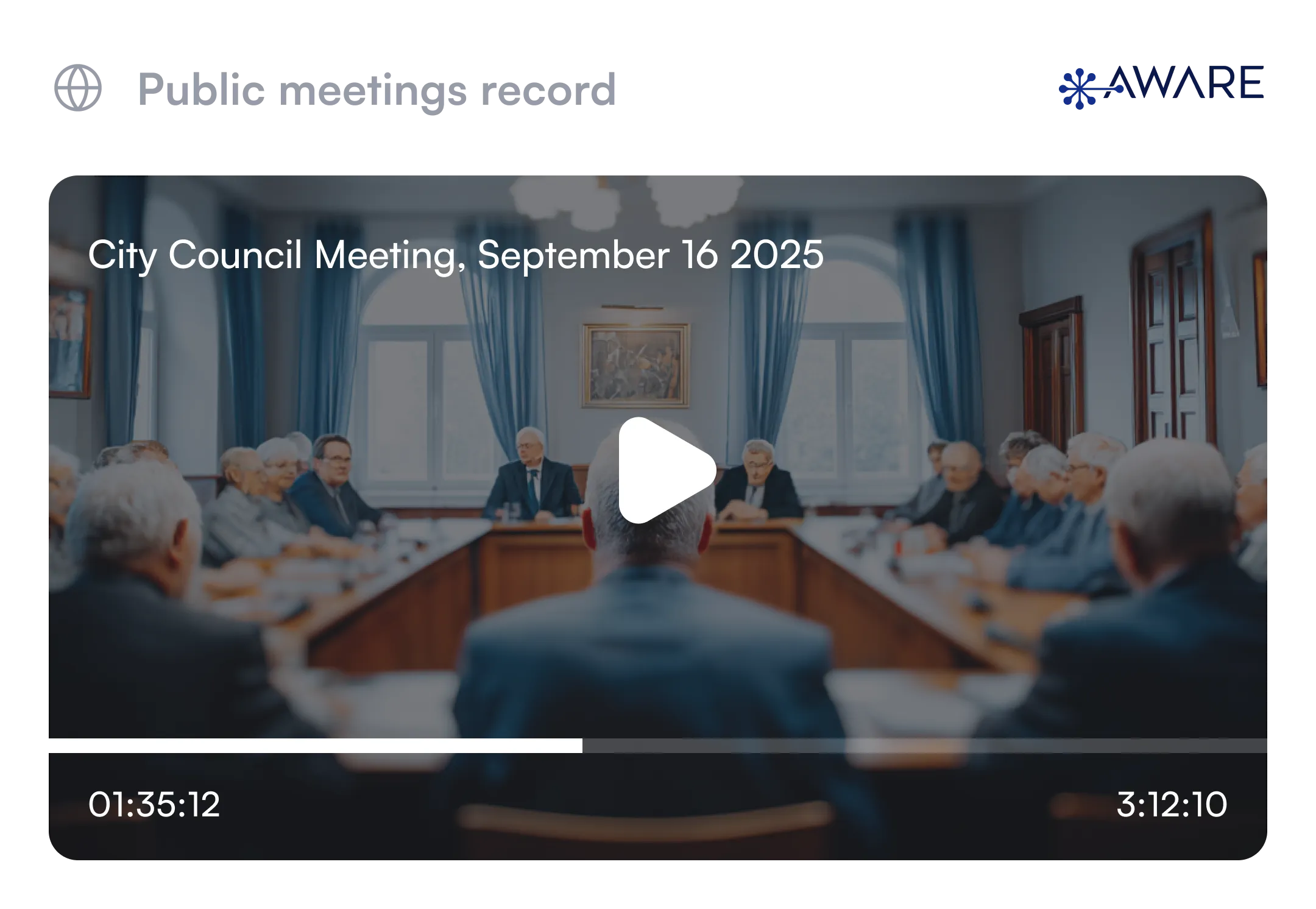 Video player interface showing a recorded meeting titled 'Publish Webinars record' with a play button overlay on a thumbnail of a conference room setting. Duration displays 00:01:10 out of 3:54:02, with a progress bar at the bottom
