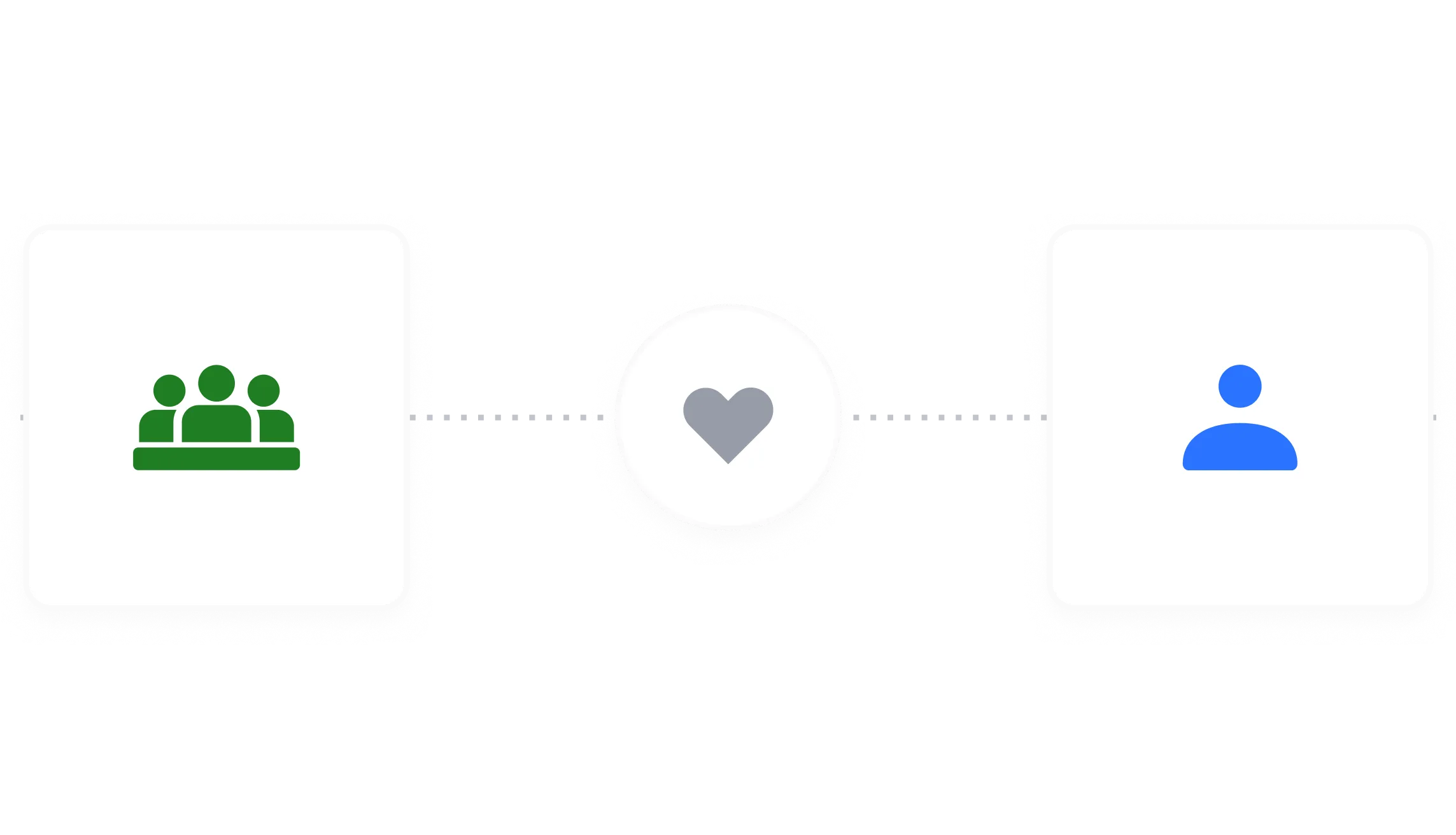 Three-icon navigation bar on a dark gray background showing green people/team icon on the left, white heart icon in the center, and blue user profile icon on the right