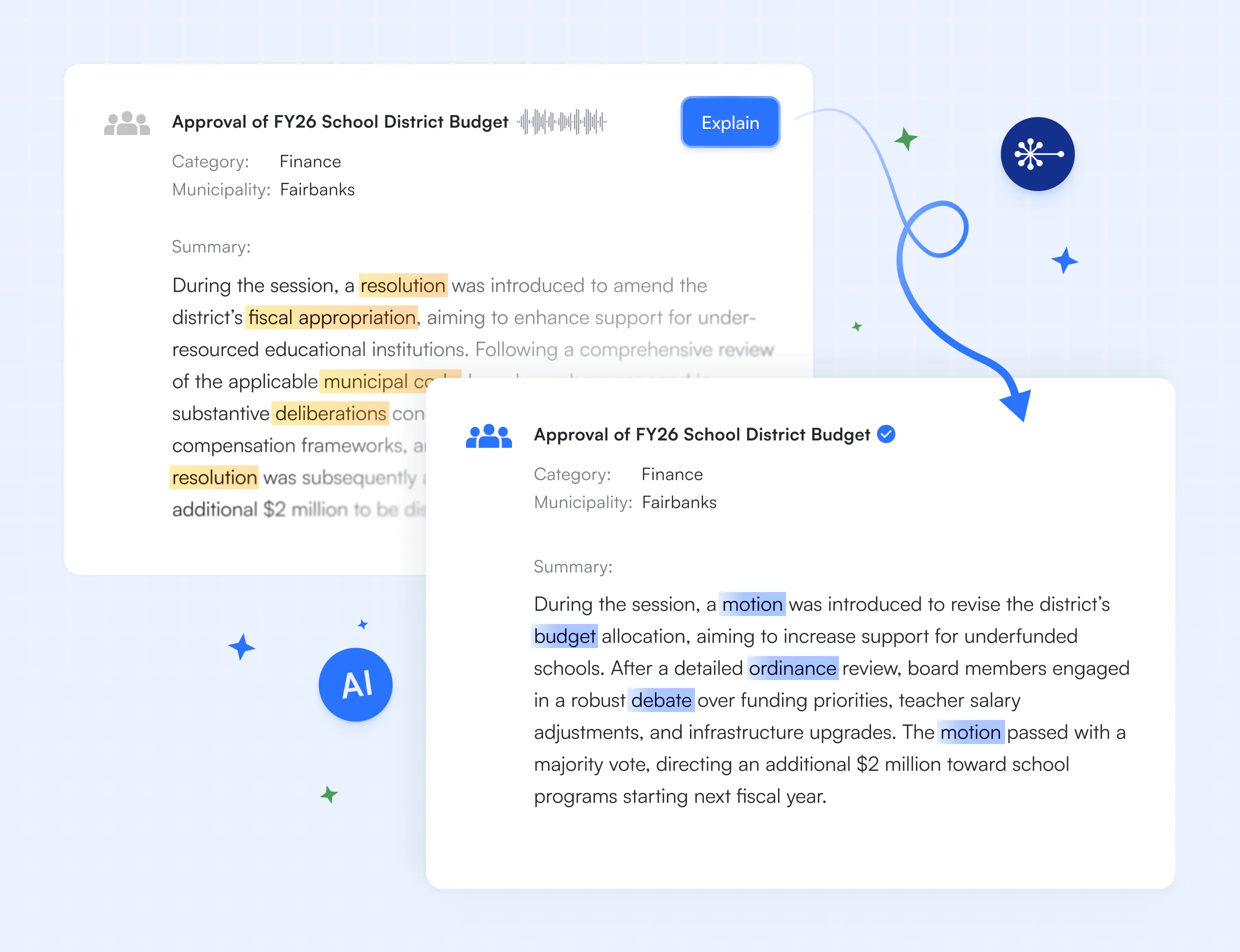 Software interface displaying a research or documentation page with highlighted text sections in yellow, featuring text about 'Advanced AI-Driven Performance Measures' alongside blue circular decorative elements and an illustrated character on the right side