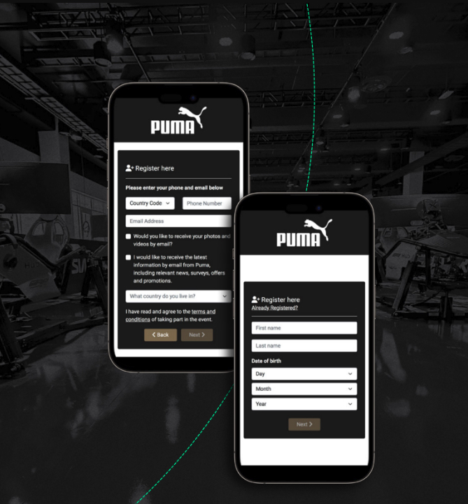 Two mobile phones display Puma event registration forms asking for contact info and birth date.