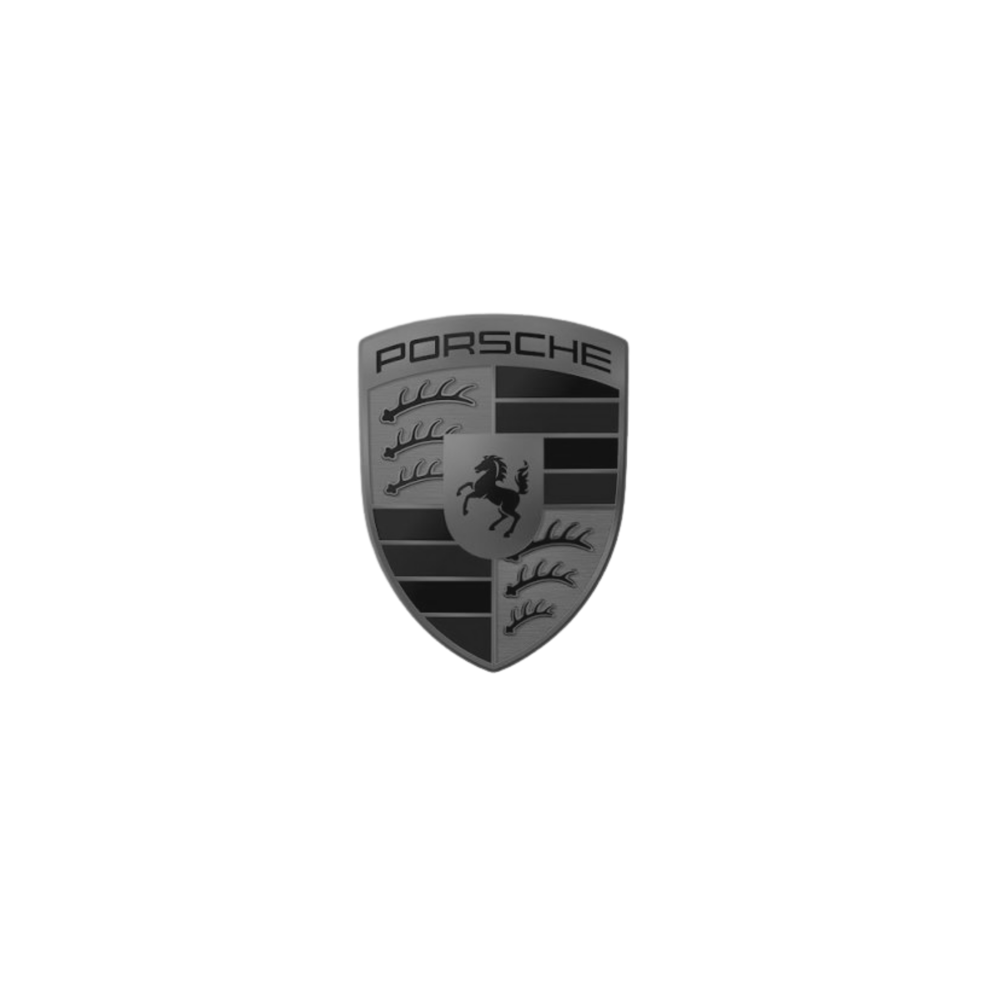 Grayscale Porsche shield emblem with a horse and antlers on a divided background.