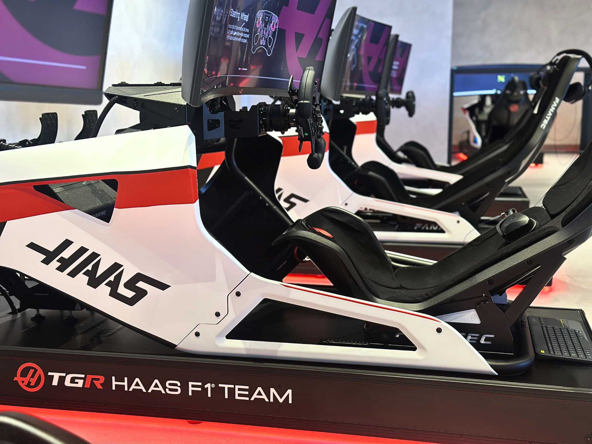 Row of white and red FIA racing simulator seats with steering wheels and monitors in a gaming setup.