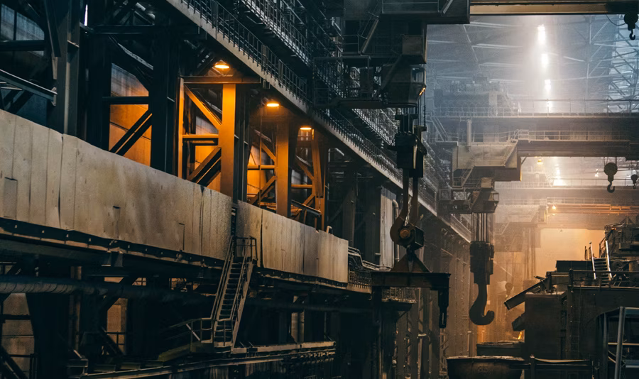 A dimly lit, big industrial facility, with massive machinery, cranes and multiple levels