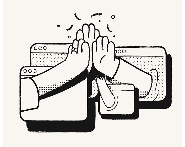 Illustration of 4 hands each coming out of different application windows doing a high five