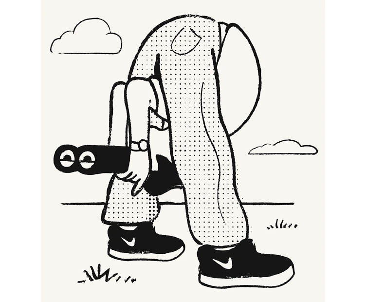 Man bent over and looking through binoculars inbetween his legs while standing